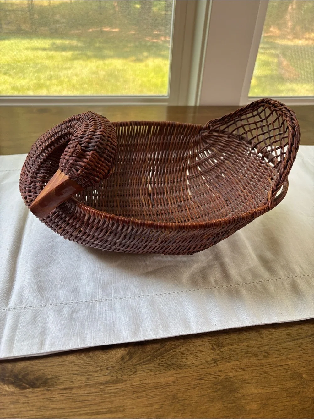 Vintage Handwoven Brown Wicker Goose w/ Hand Carved Wood Beak Cottagecore Decor
